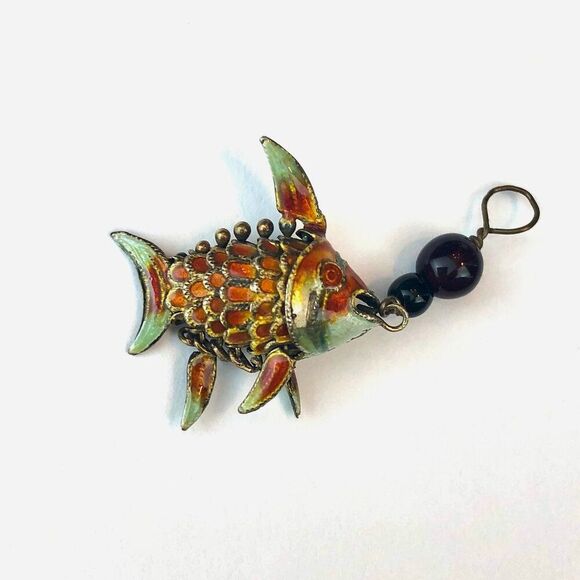 Source Unknown Jewelry - Vintage 1980s Cloisonné Articulated Koi Fish Pendant – Garnet Beads 🐟✨